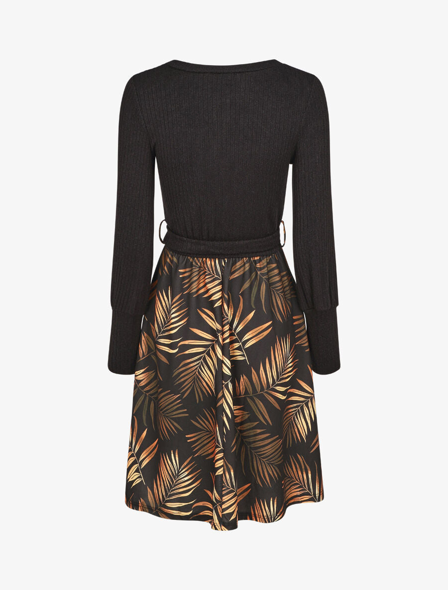 Robe mi-longue évasée imprimé feuilles - Noir - 2