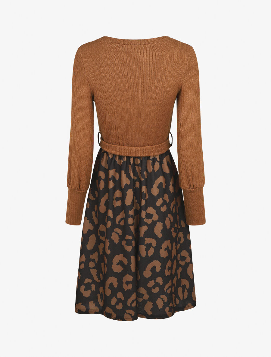 Robe mi-longue évasée imprimé léopard - Camel - 2