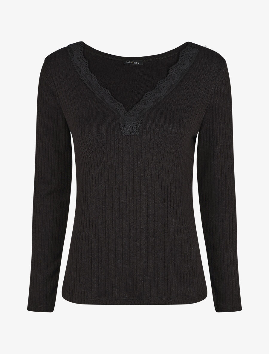 Pull fin côtelé et col V en dentelle - Noir - 4
