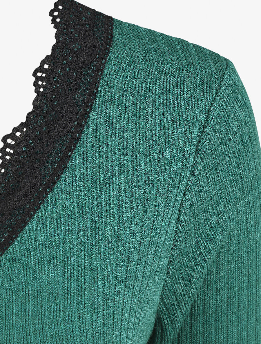 Pull fin côtelé et col V en dentelle - Vert émeraude - 3
