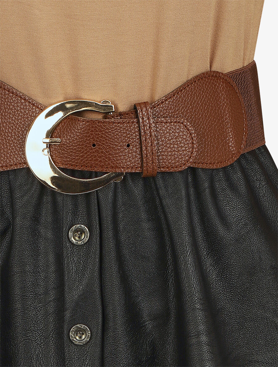 Robe bi-matière courte évasée simili - Camel - 3