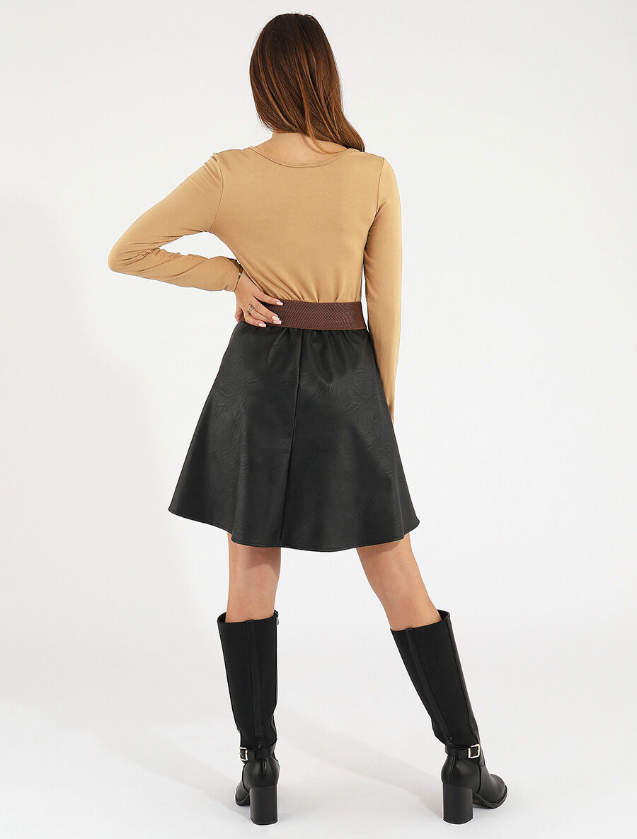 Robe bi-matière courte évasée simili - Camel - 5