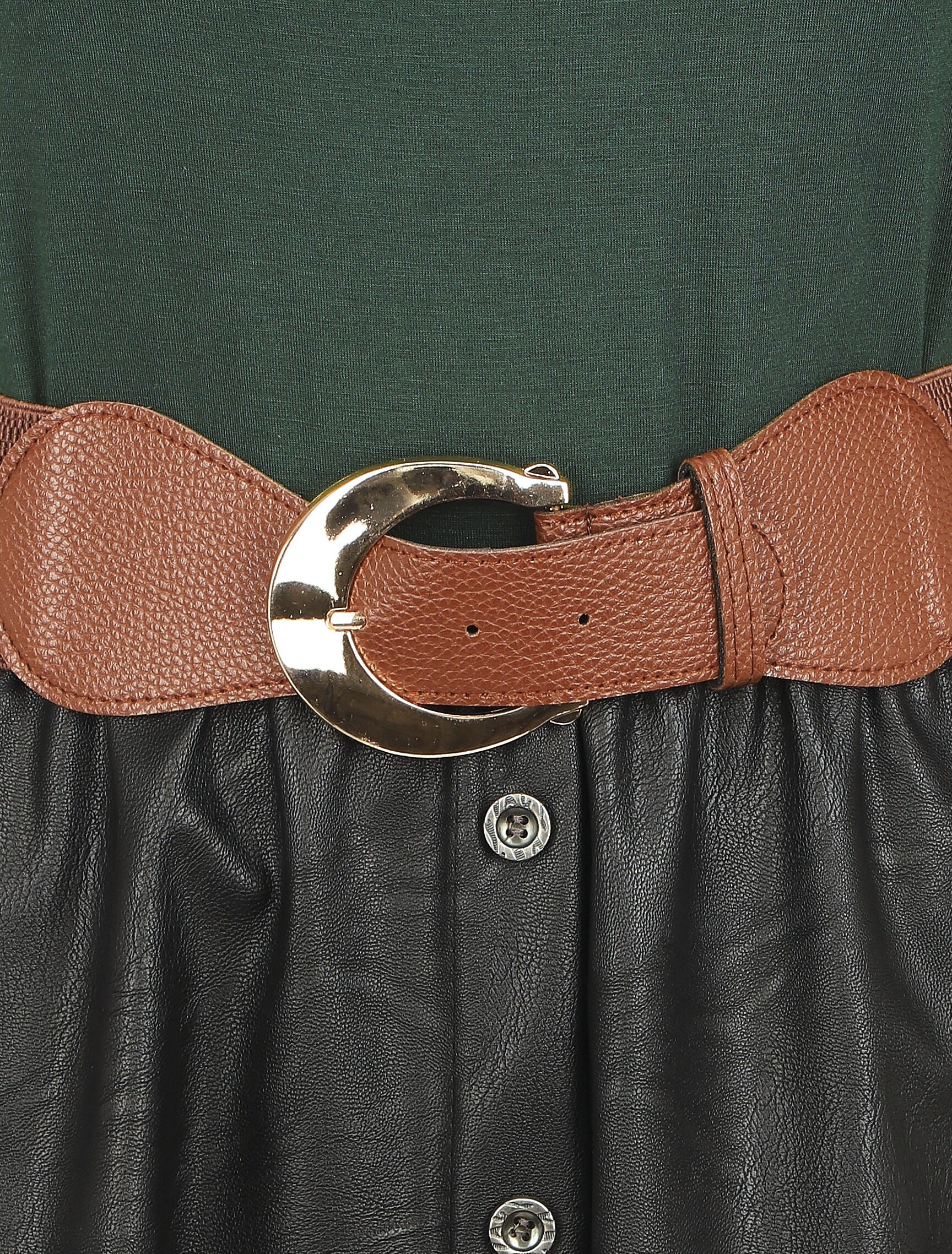 Robe bi-matière courte évasée simili - Vert foncé - 3