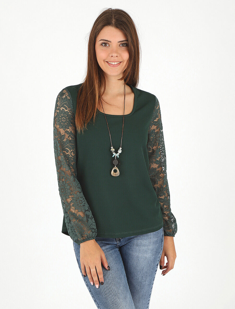 Top droit manches longues dos en dentelle - Vert foncé - 4