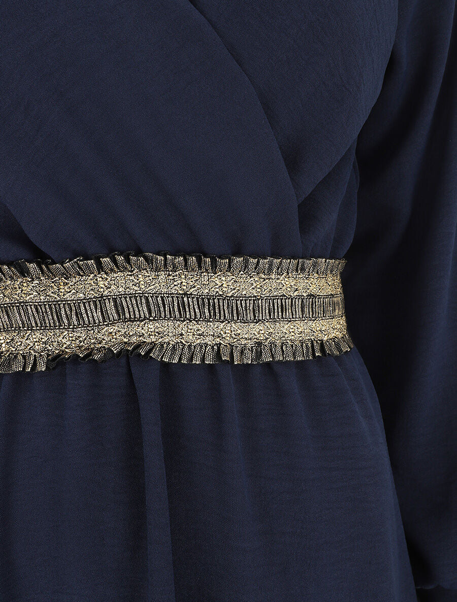 Robe unie à bande élastiquée dorée - Marine - 3