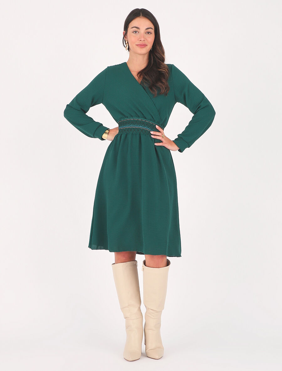Robe unie à bande élastiquée - Vert sapin - 4