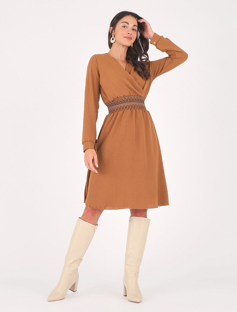 Robe unie à bande élastiquée - Camel - 4