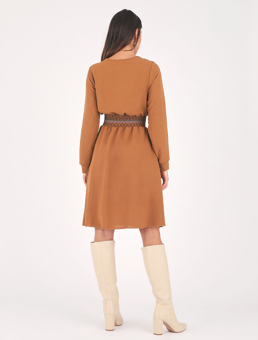 Robe unie à bande élastiquée - Camel - 5