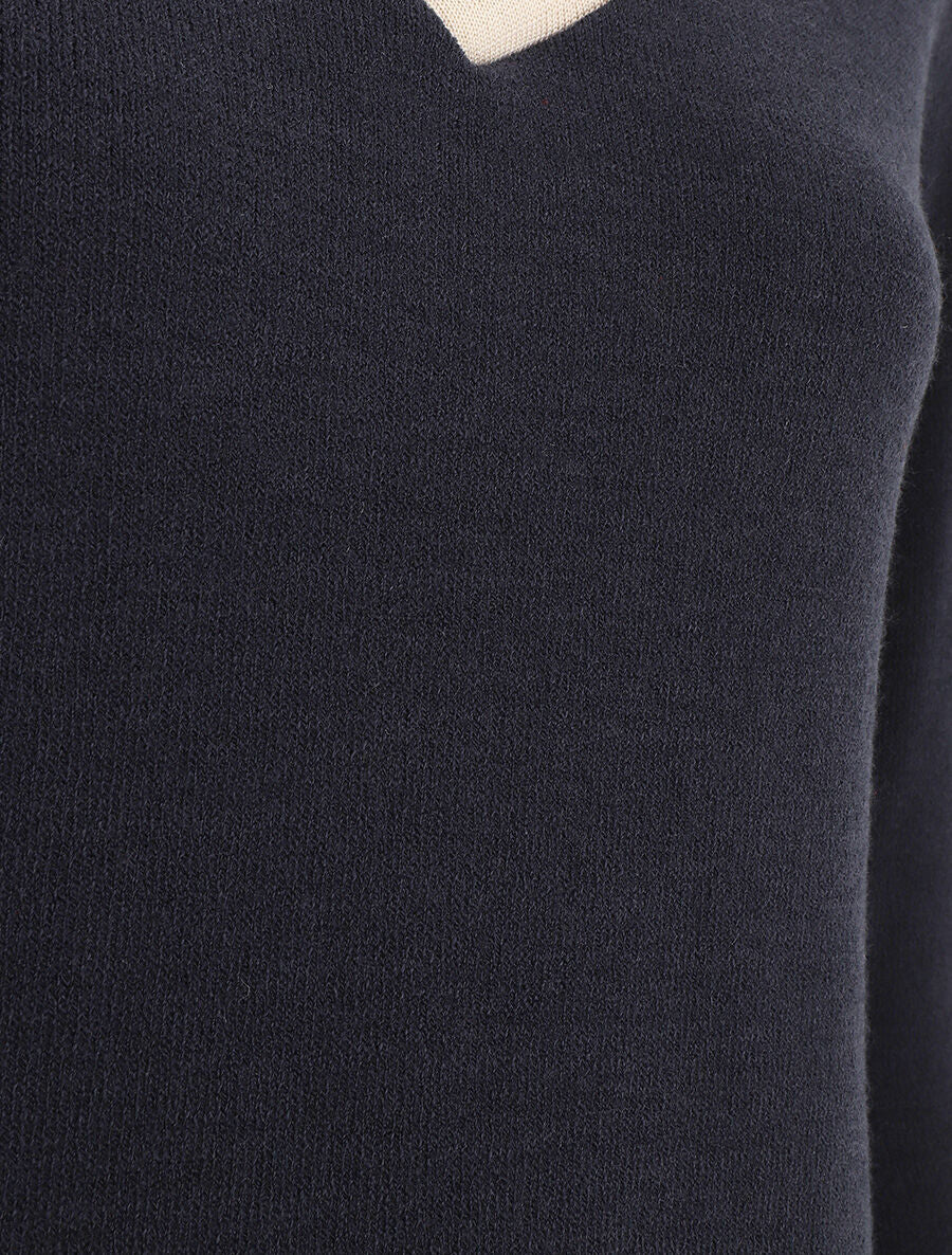 Pull droit uni col V contrastant - Marine - 3