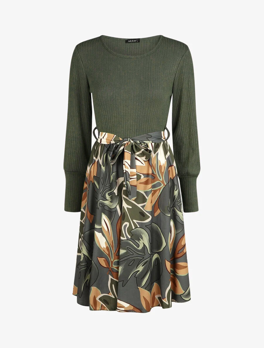 Robe fluide bi-matière imprimé fleuri - Kaki - 7