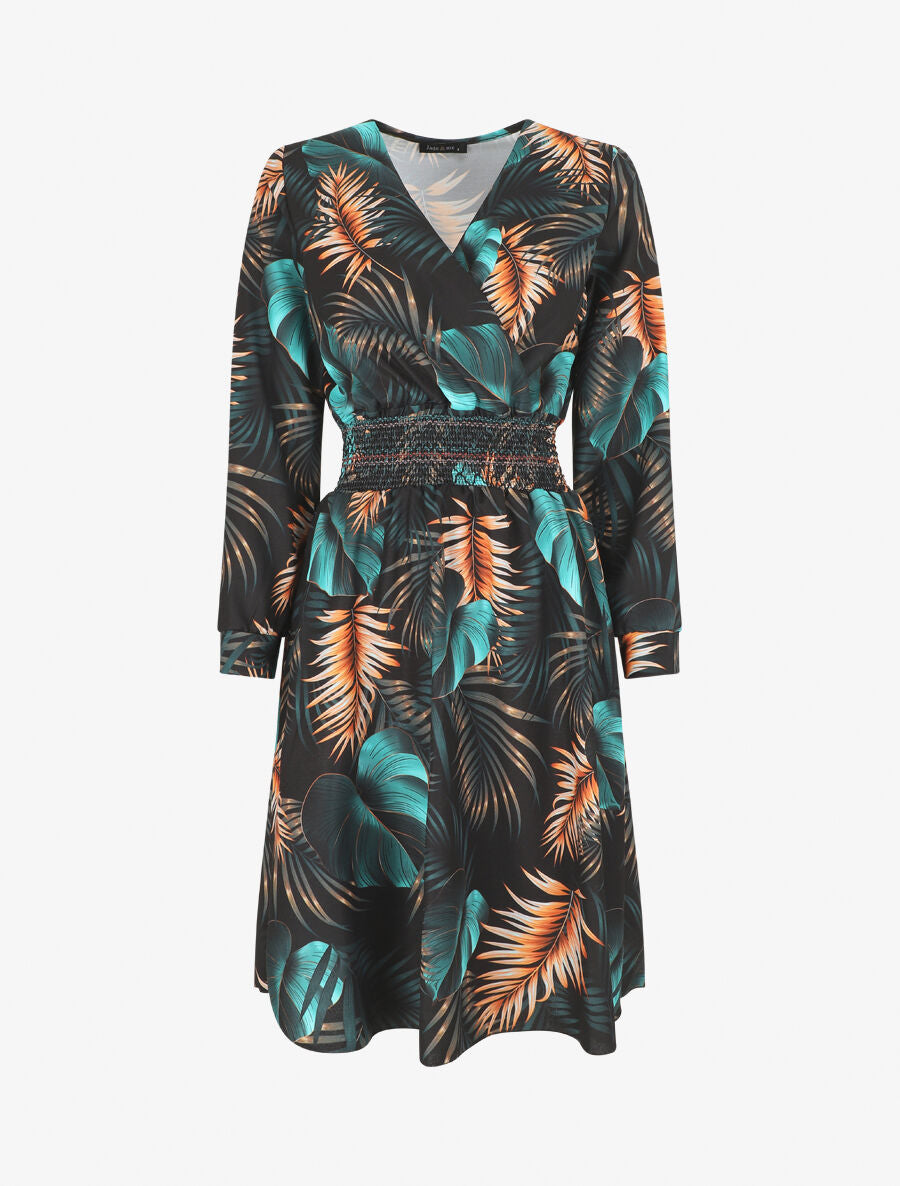 Robe imprimée tropical à taille élastiquée - Noir - 1