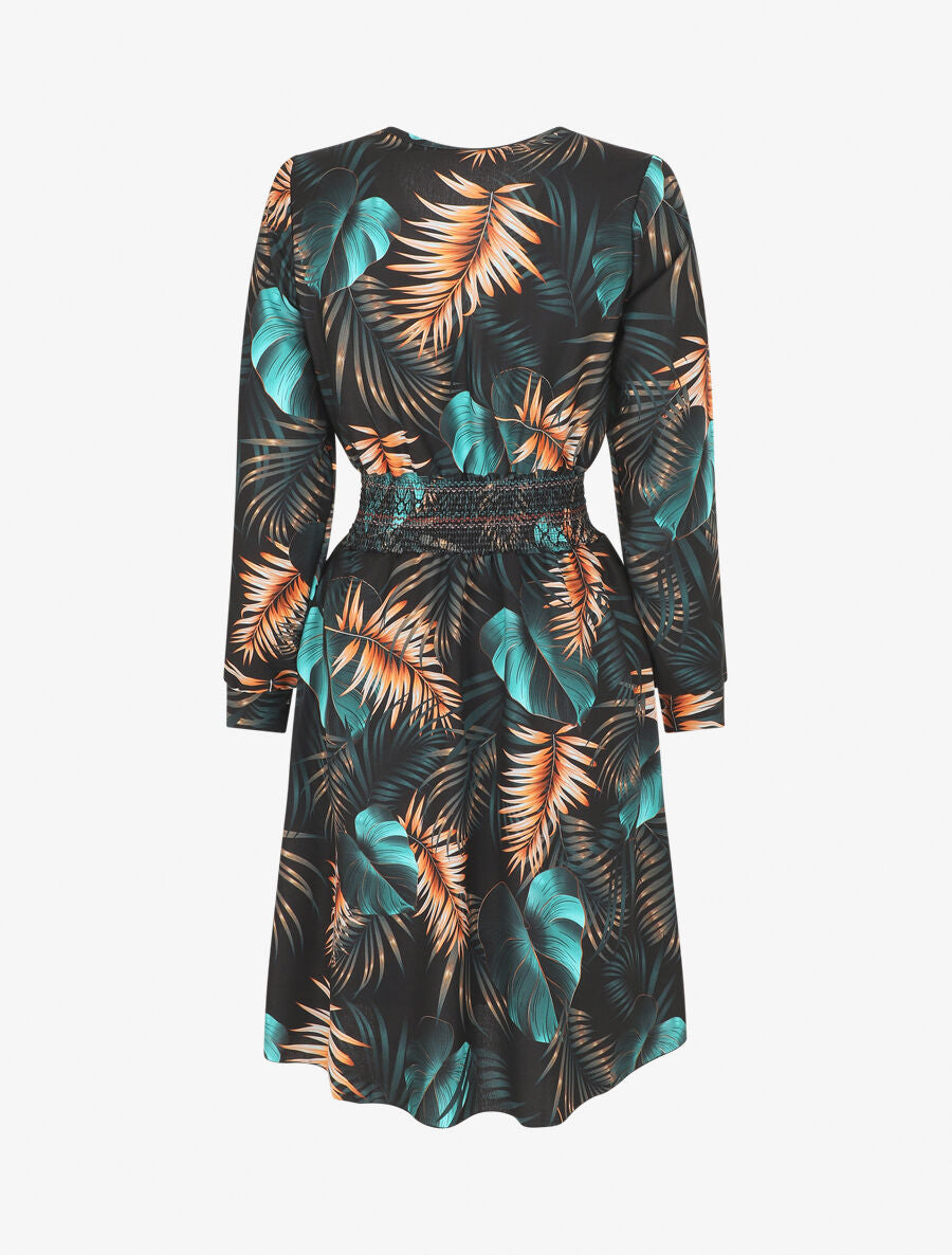Robe imprimée tropical à taille élastiquée - Noir - 2