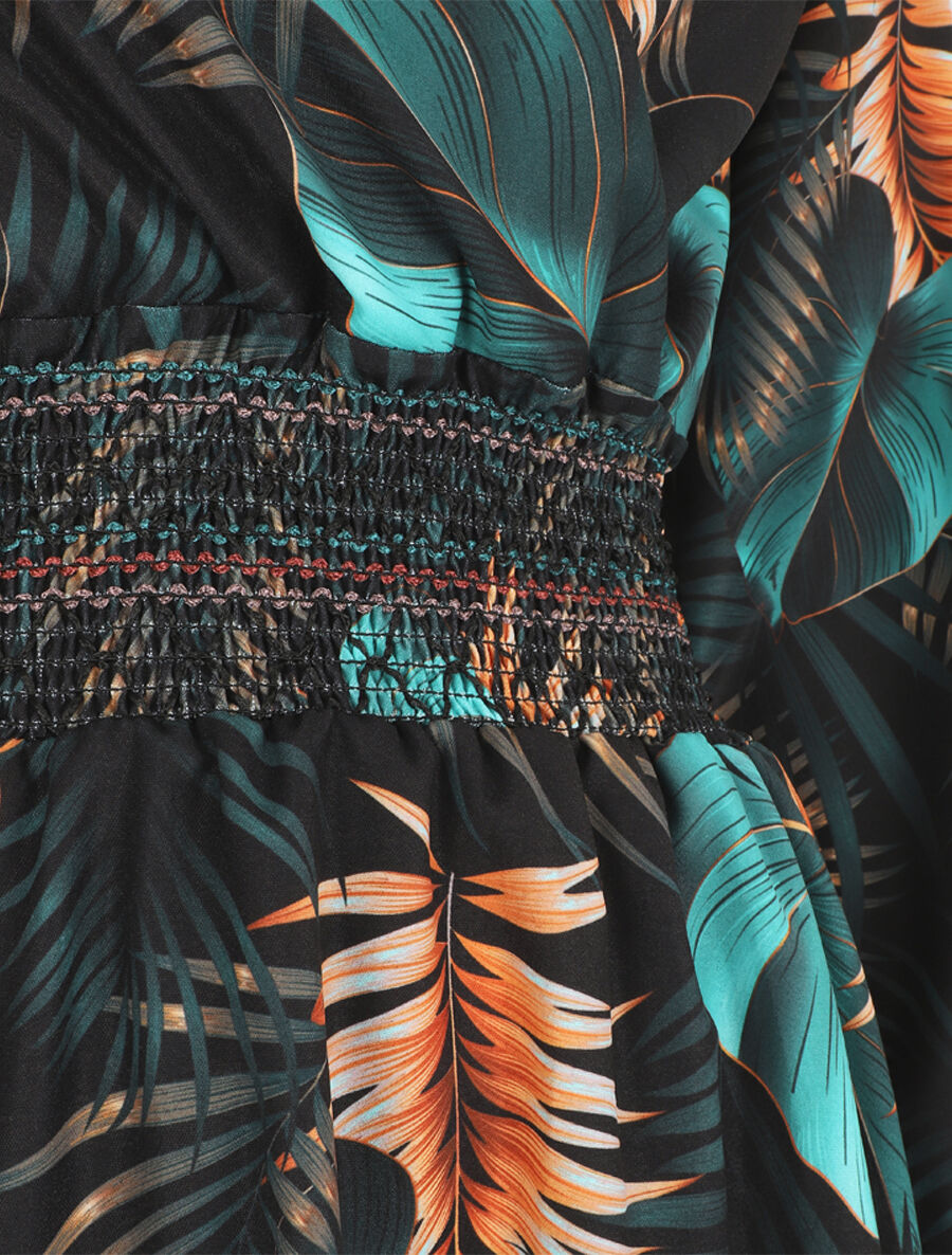 Robe imprimée tropical à taille élastiquée - Noir - 3