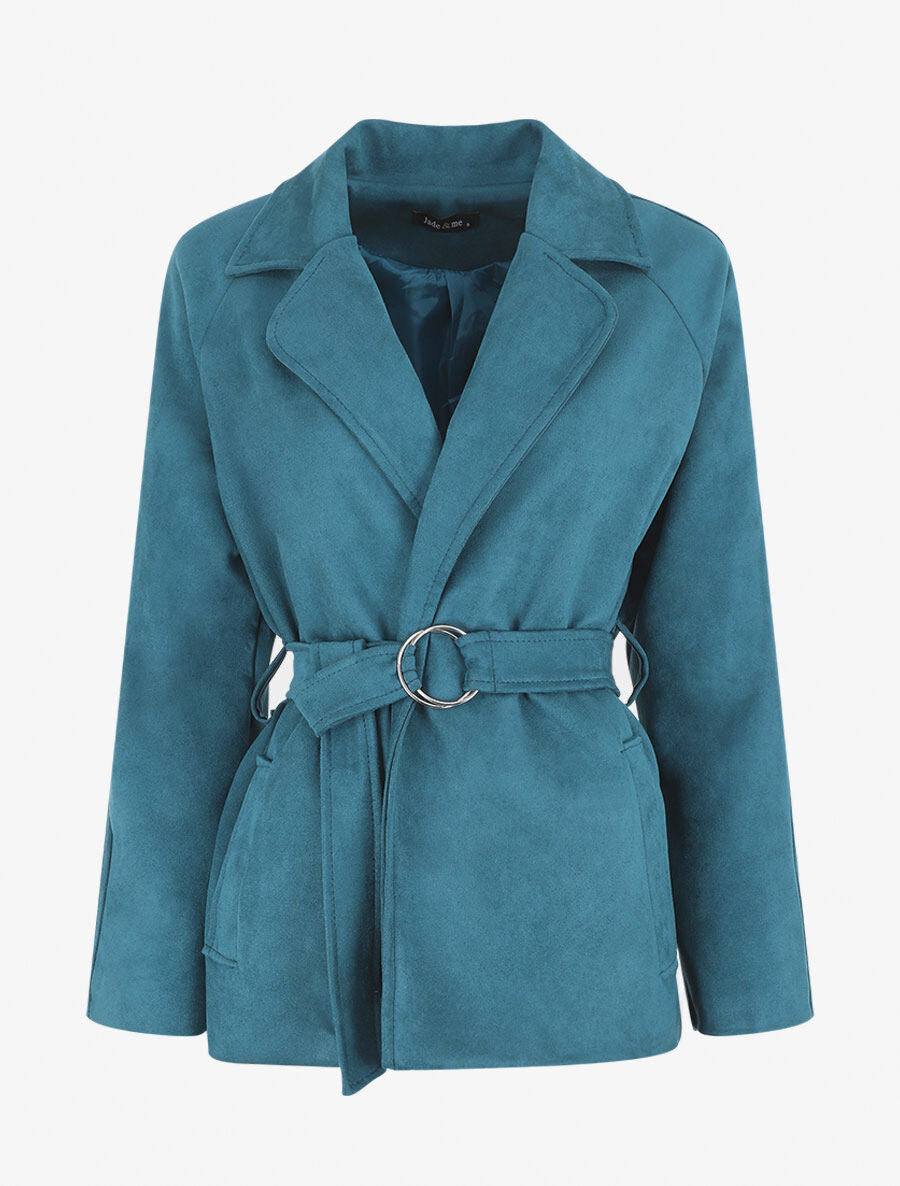 Veste droite en suédine ceinturée - Bleu canard - 4