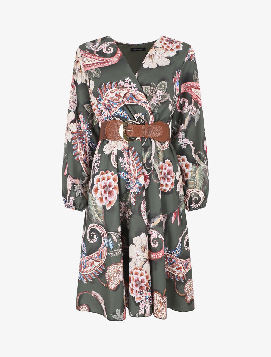 Robe évasée imprimé fleuri - Kaki - 1