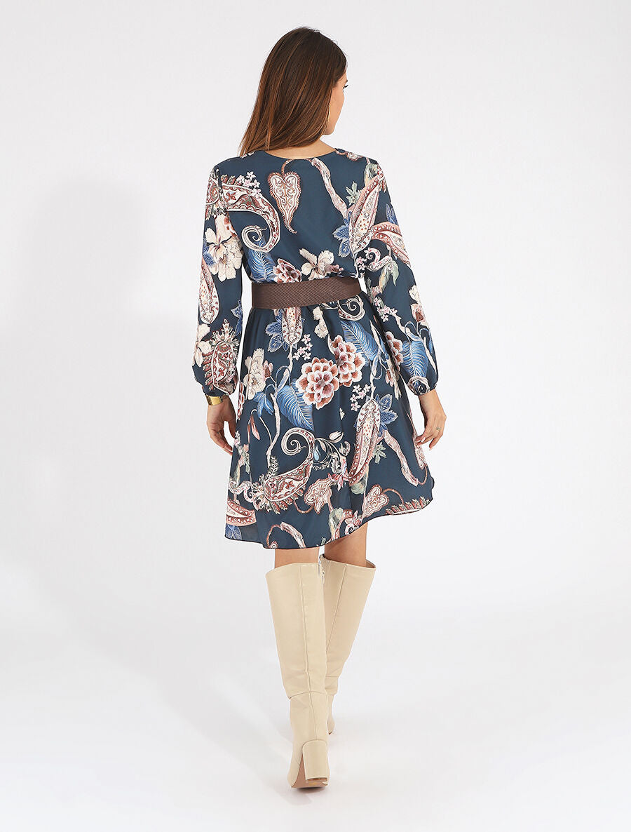 Robe évasée imprimé fleuri - Marine - 5