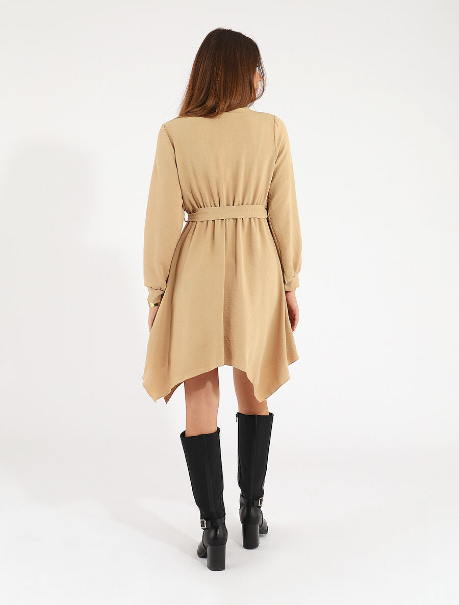 Robe unie élastiquée à bas asymétrique - Camel - 5