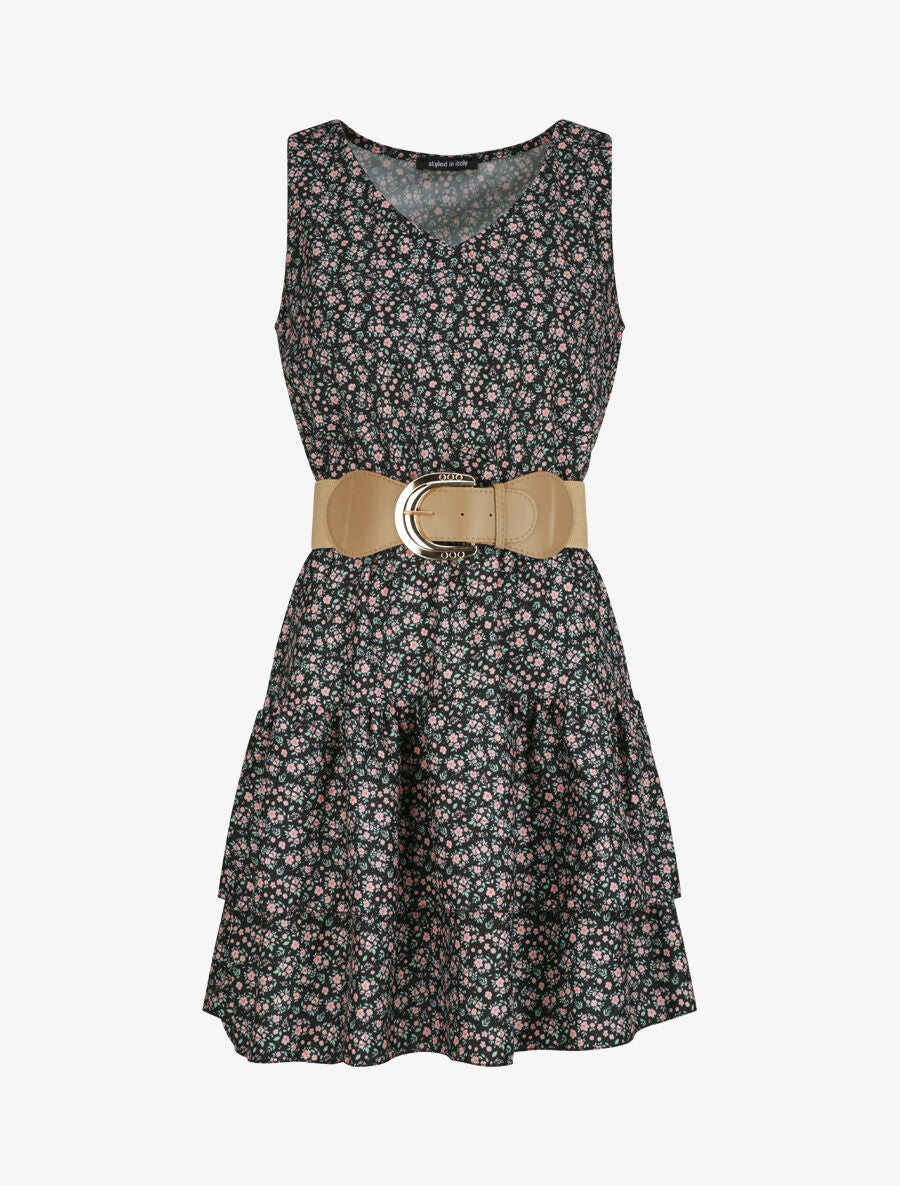 Robe patineuse courte à volants imprimé fleuri - Noir - 1