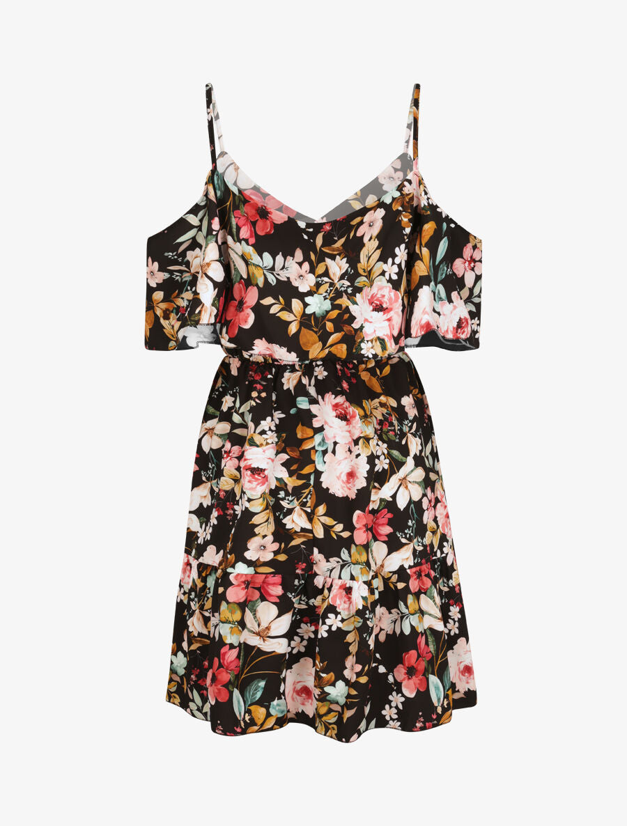 Robe à buste à basque imprimé fleurs sauvages - Noir - 2