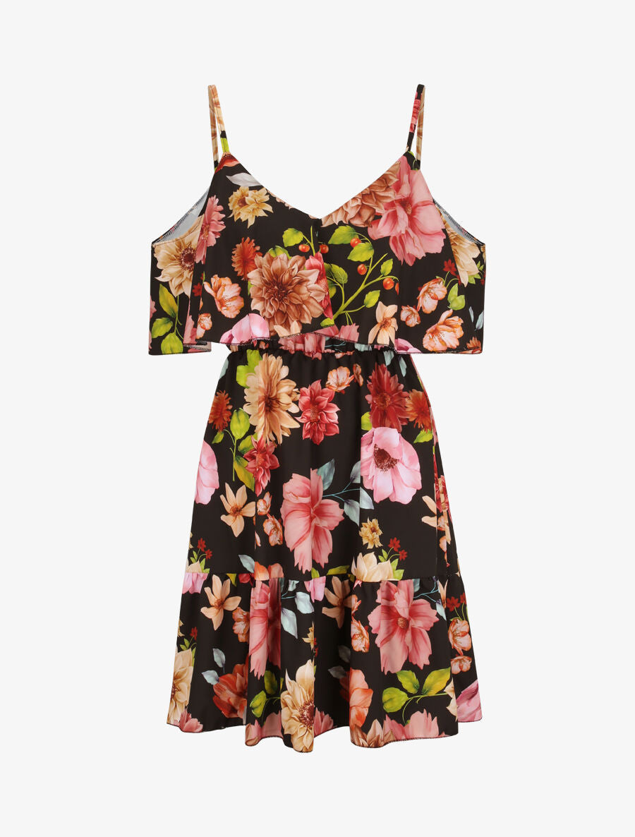 Robe à buste à basque imprimé à grandes fleurs sauvages - Noir - 1