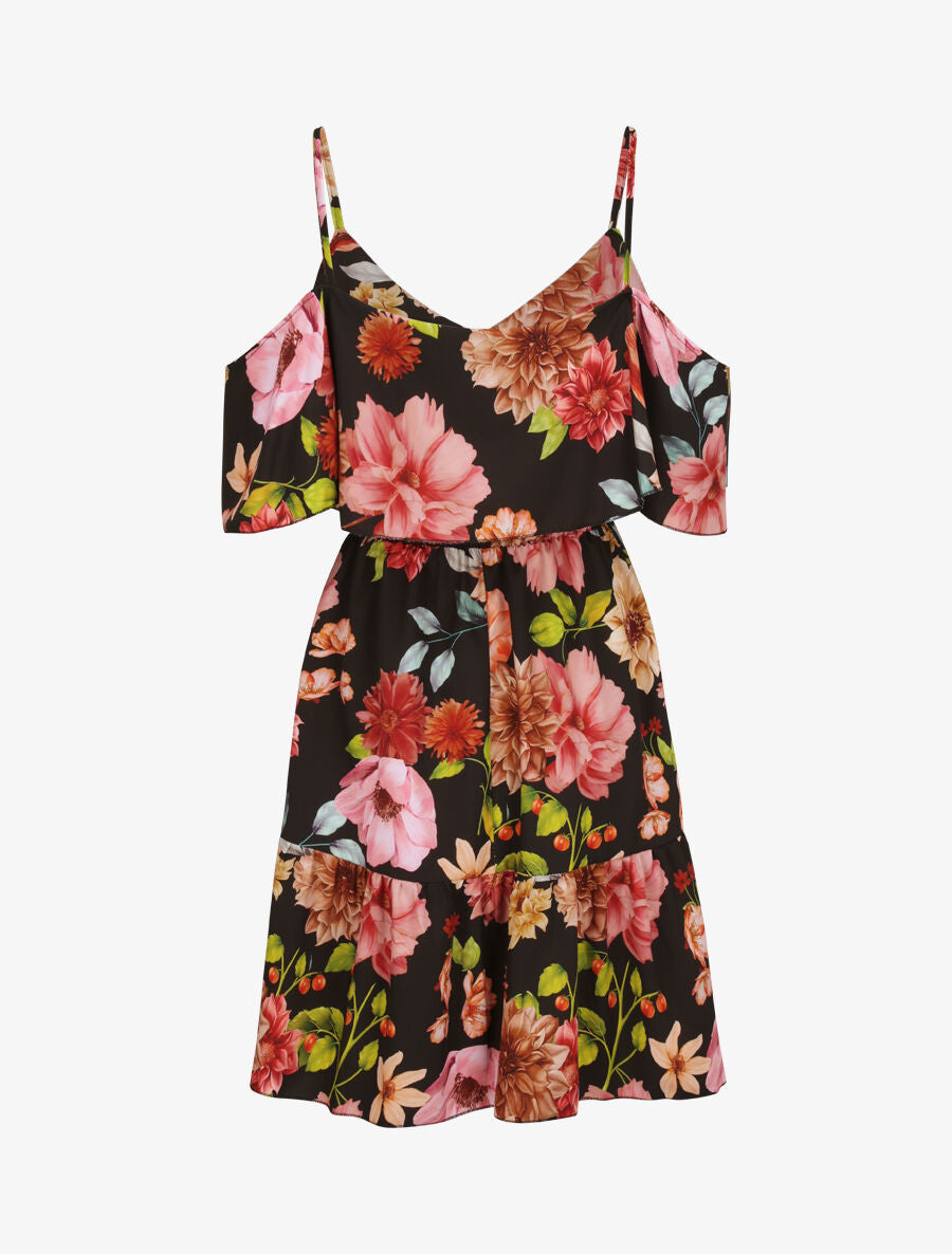 Robe à buste à basque imprimé à grandes fleurs sauvages - Noir - 2