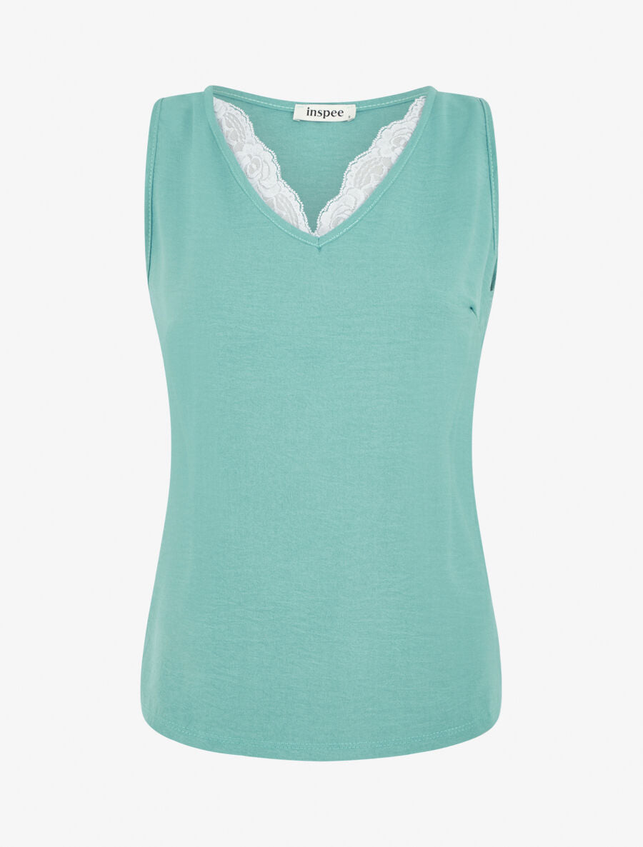 Top fluide à col V en dentelle - Turquoise - 1