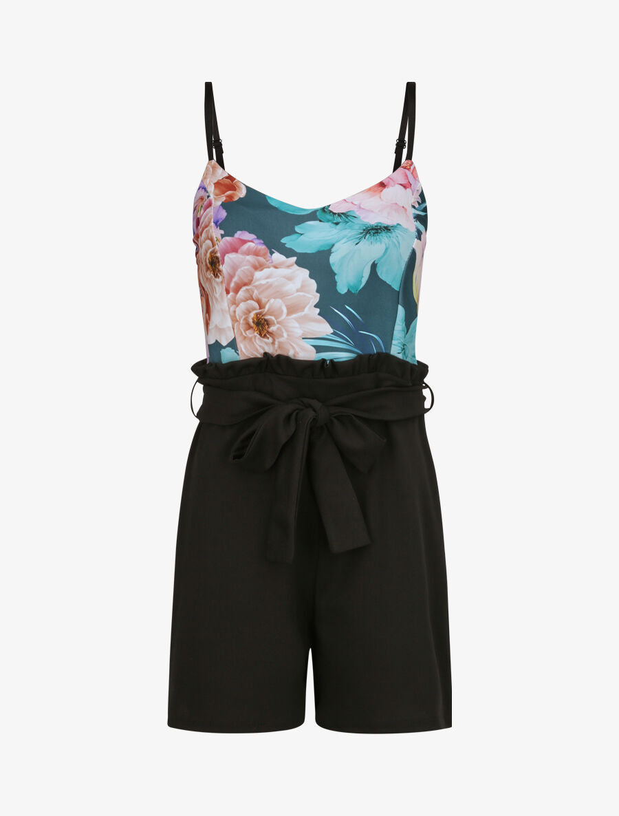 Combishort trapèze à buste imprimé floral - Bleu canard - 1