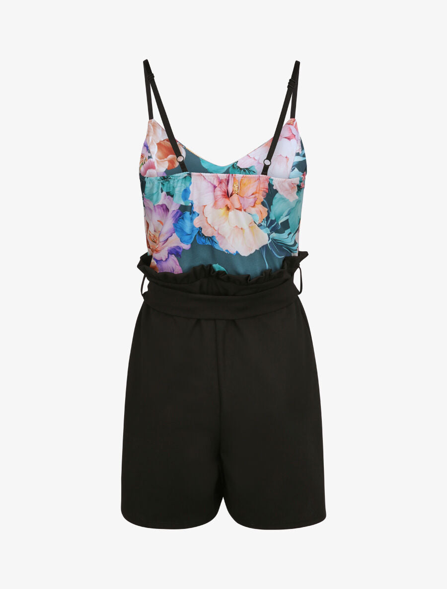 Combishort trapèze à buste imprimé floral - Bleu canard - 2