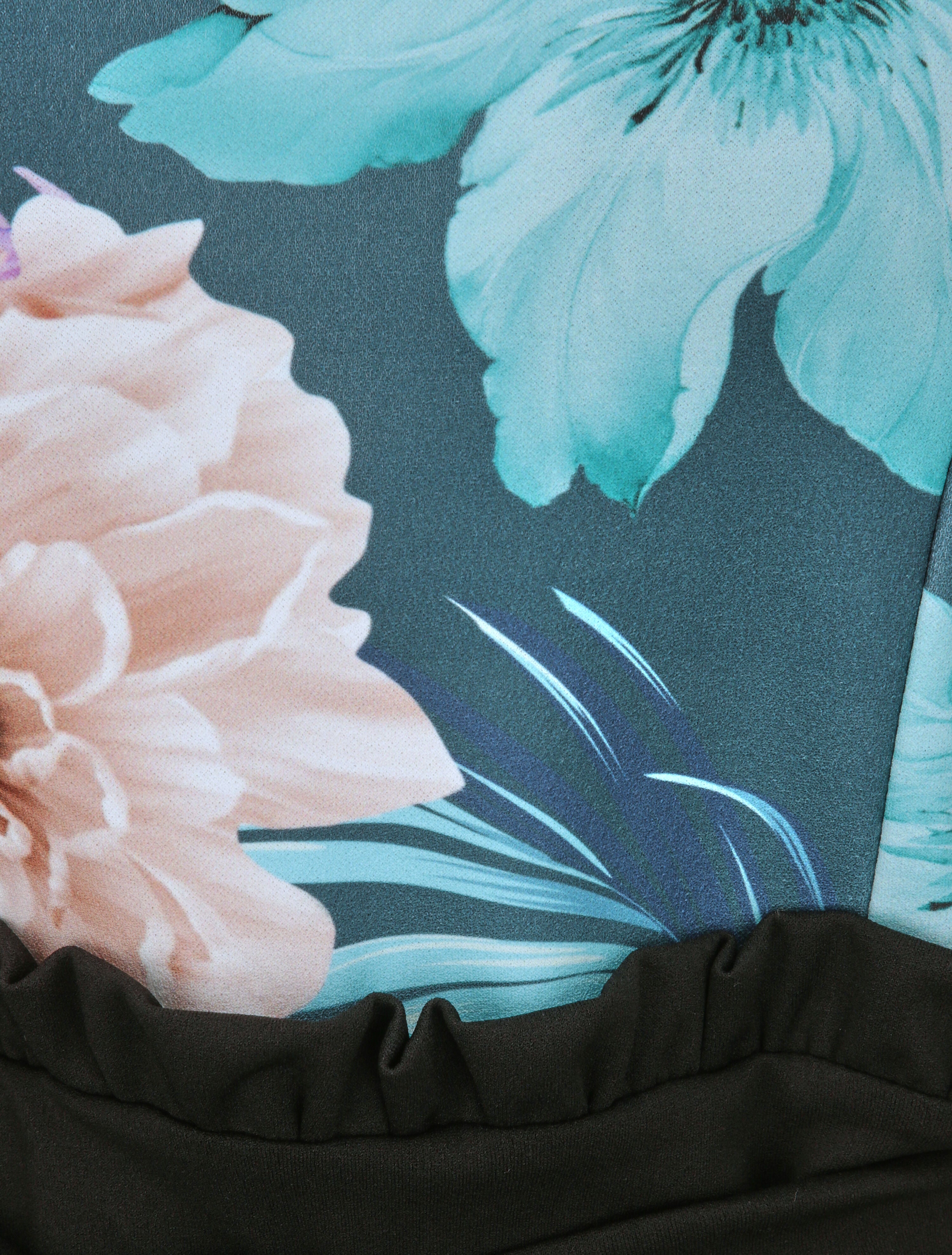 Combishort trapèze à buste imprimé floral - Bleu canard - 3