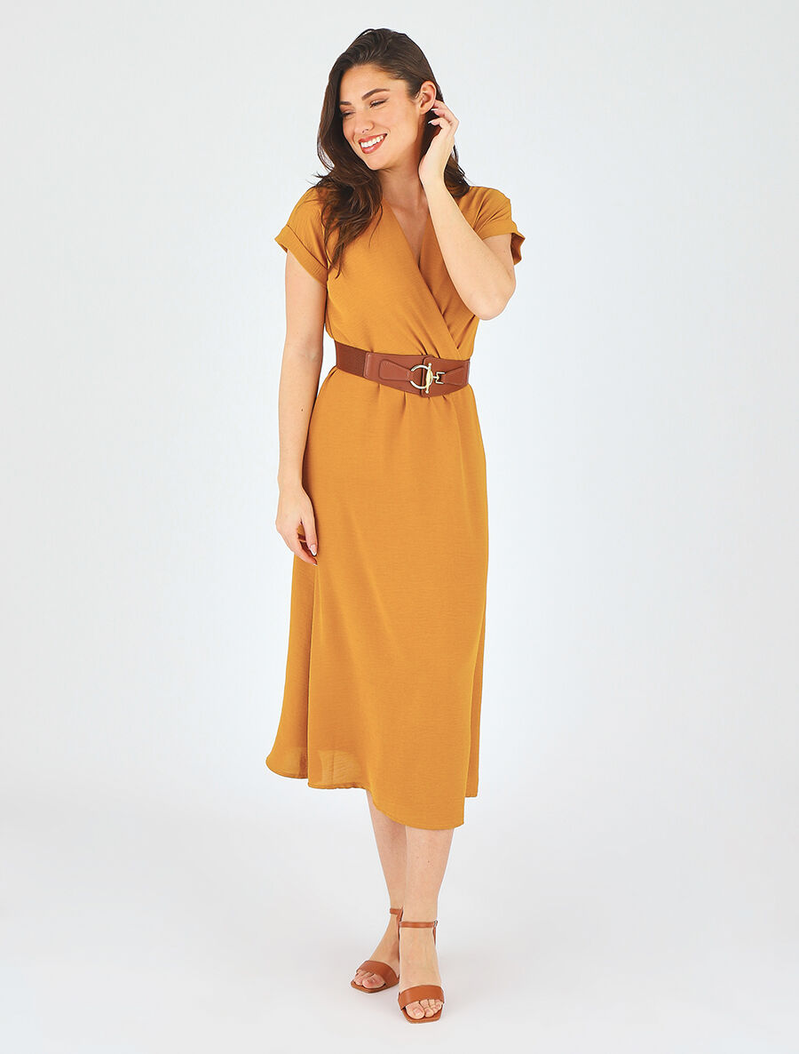 Robe longue unie cache-coeur - Jaune moutarde - 4