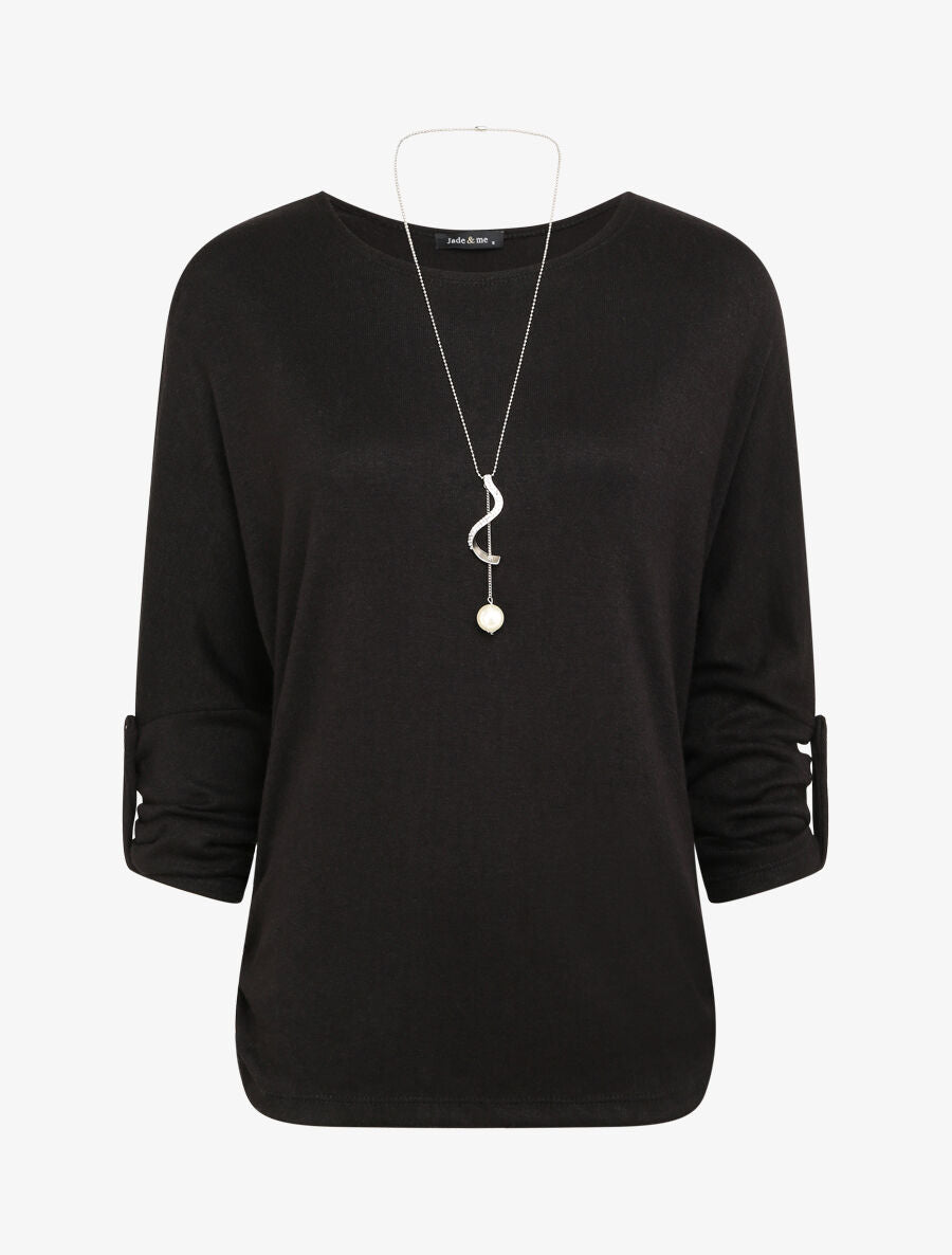 Pull fin oversize manches 3/4 - Noir - 1