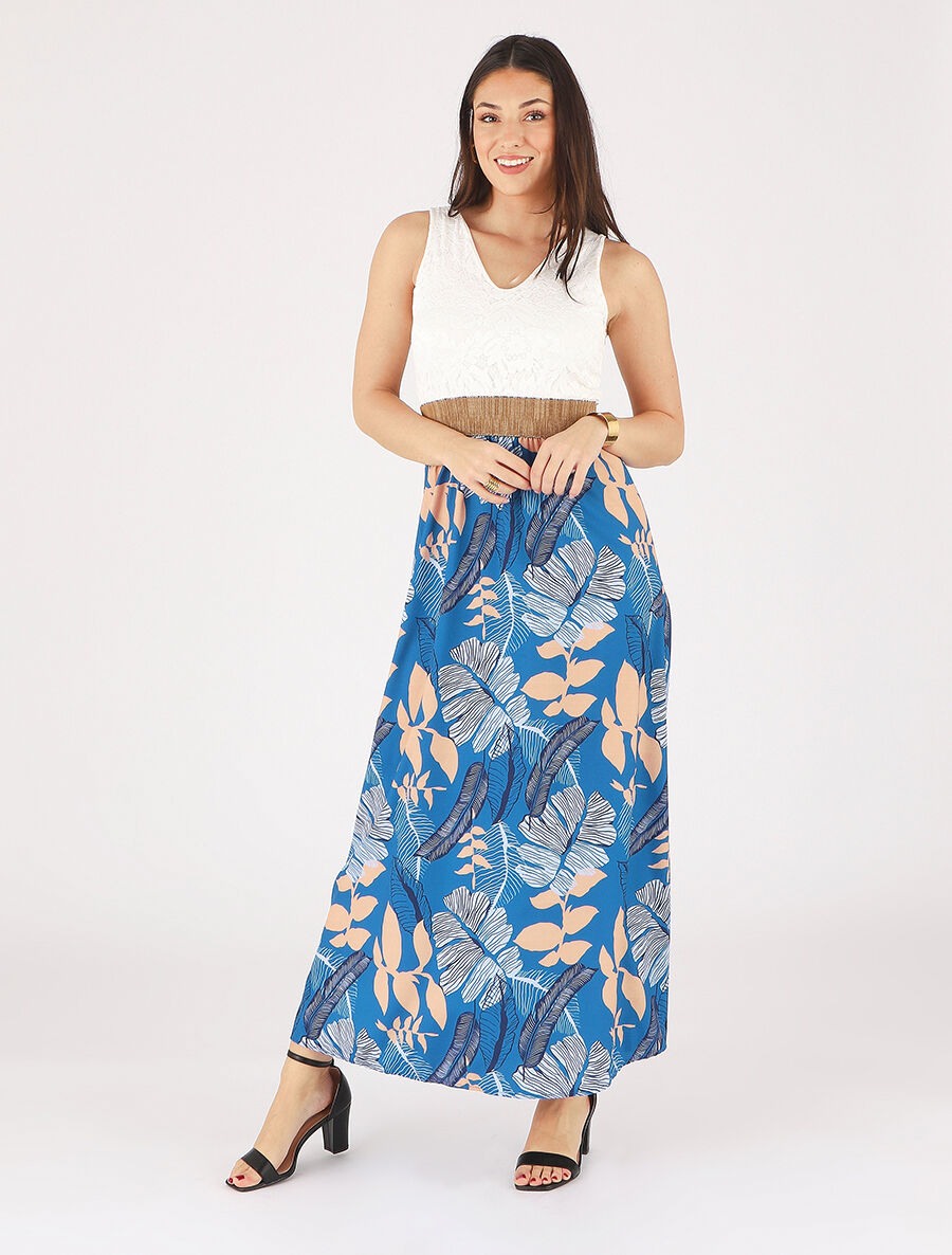 Robe longue bi-matière imprimé feuilles - Bleu azur - 4