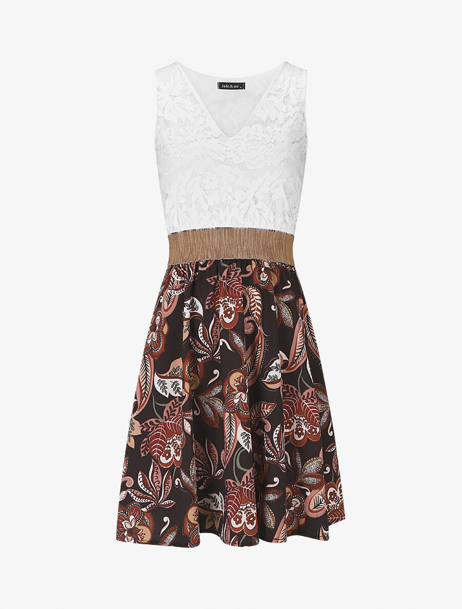 Robe bi-matière imprimé fleuri - Noir - 1