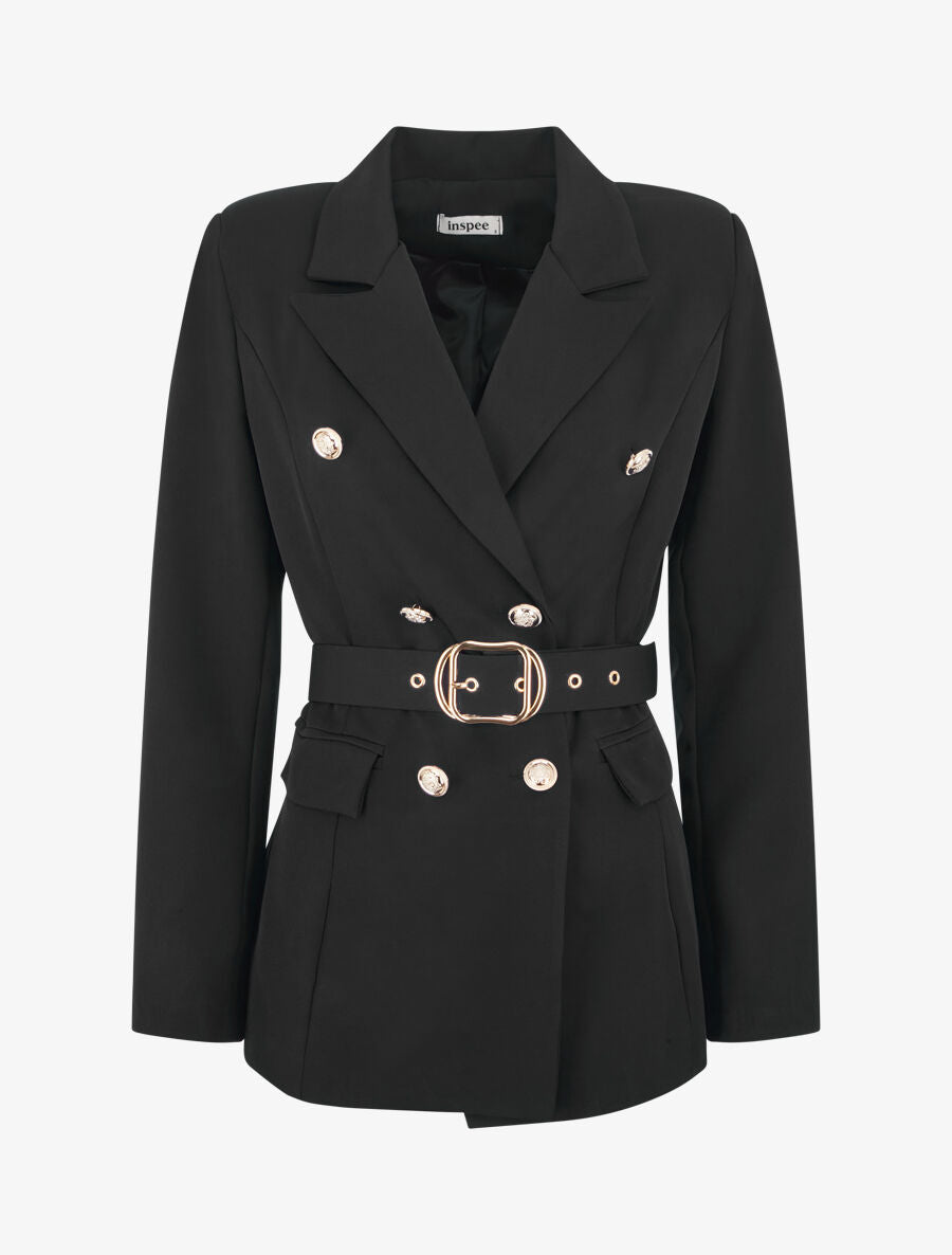 Blazer mi-long boutonné et ceinturé - Noir - 1