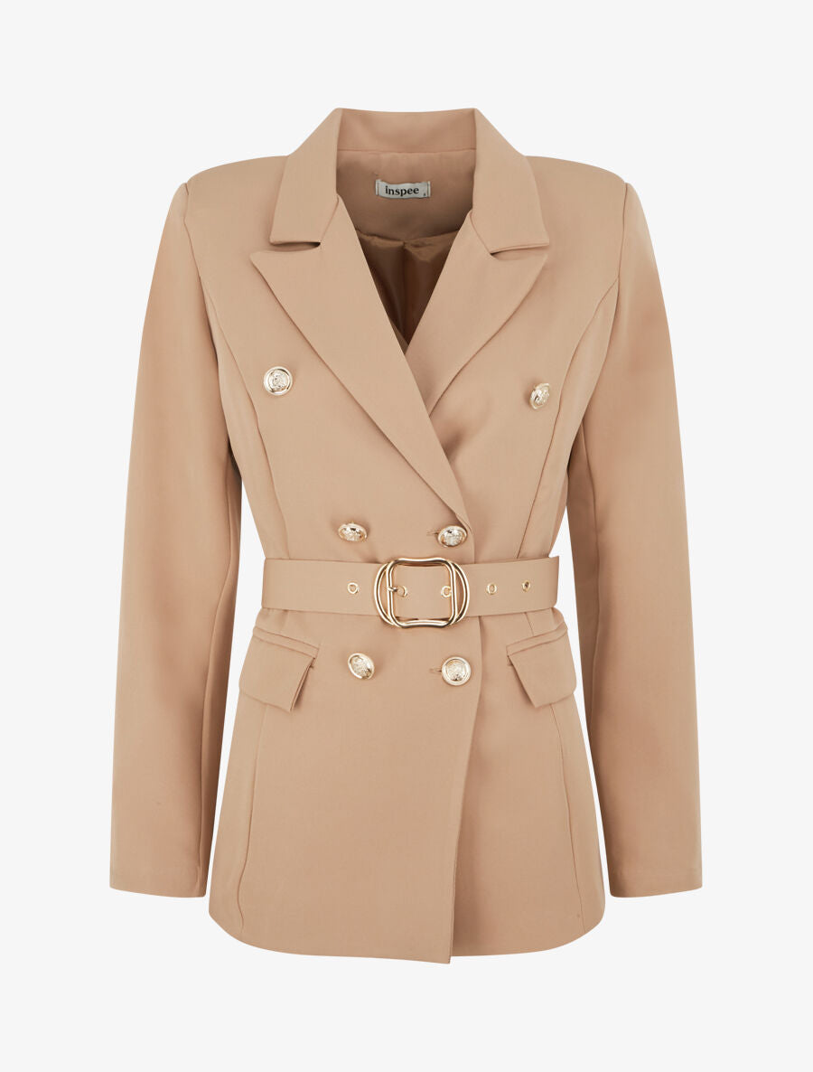 Blazer mi-long boutonné et ceinturé - Camel - 1