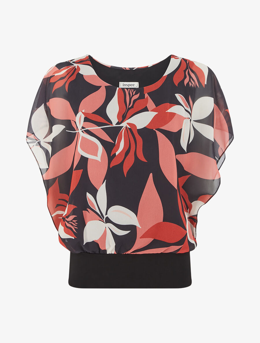 Blouse imprimé fleuri à manches volantées - Noir - 1