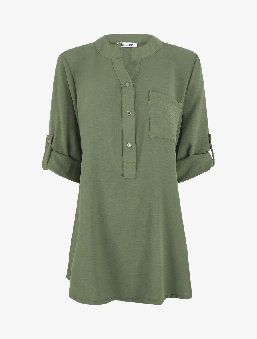 Blouse unie à manches retroussables - Kaki - 1