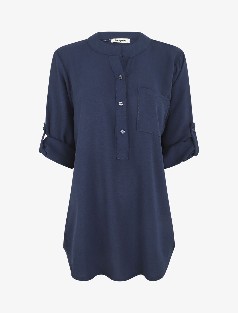 Blouse unie à manches retroussables - Marine - 1