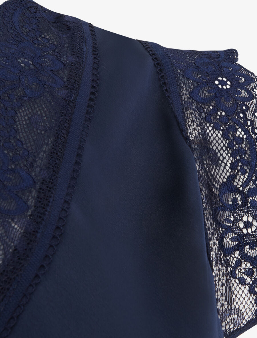 Top satiné à détail dentelle - Marine - 3