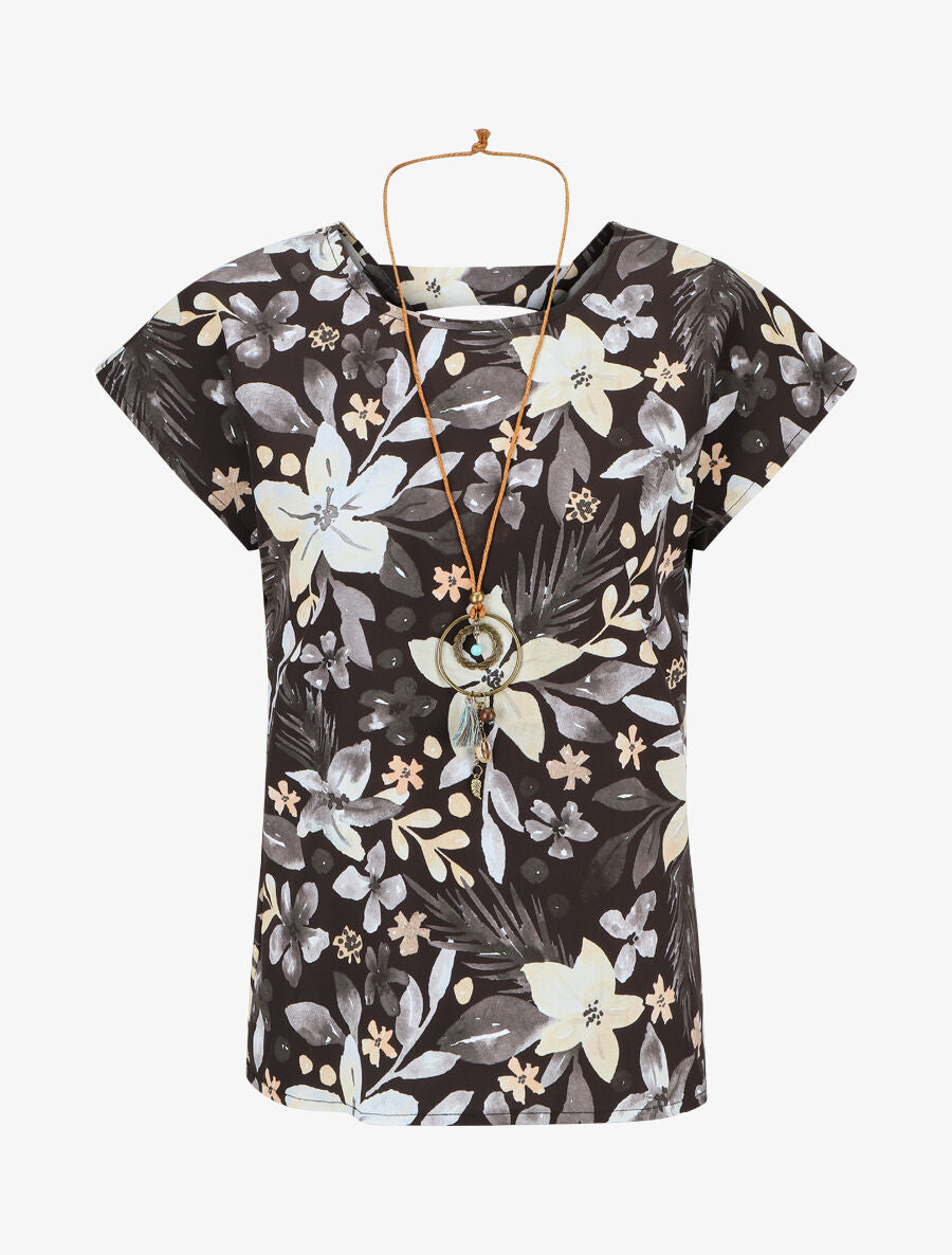 Top manches courtes dos torsadé imprimé fleuri - Noir - 4