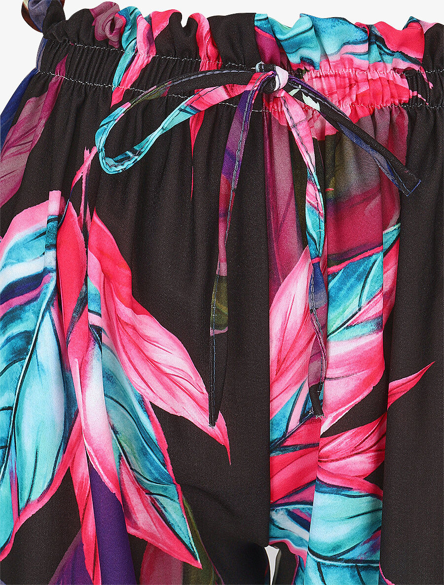 Pantalon ample taille haute imprimé feuilles - Noir - 3