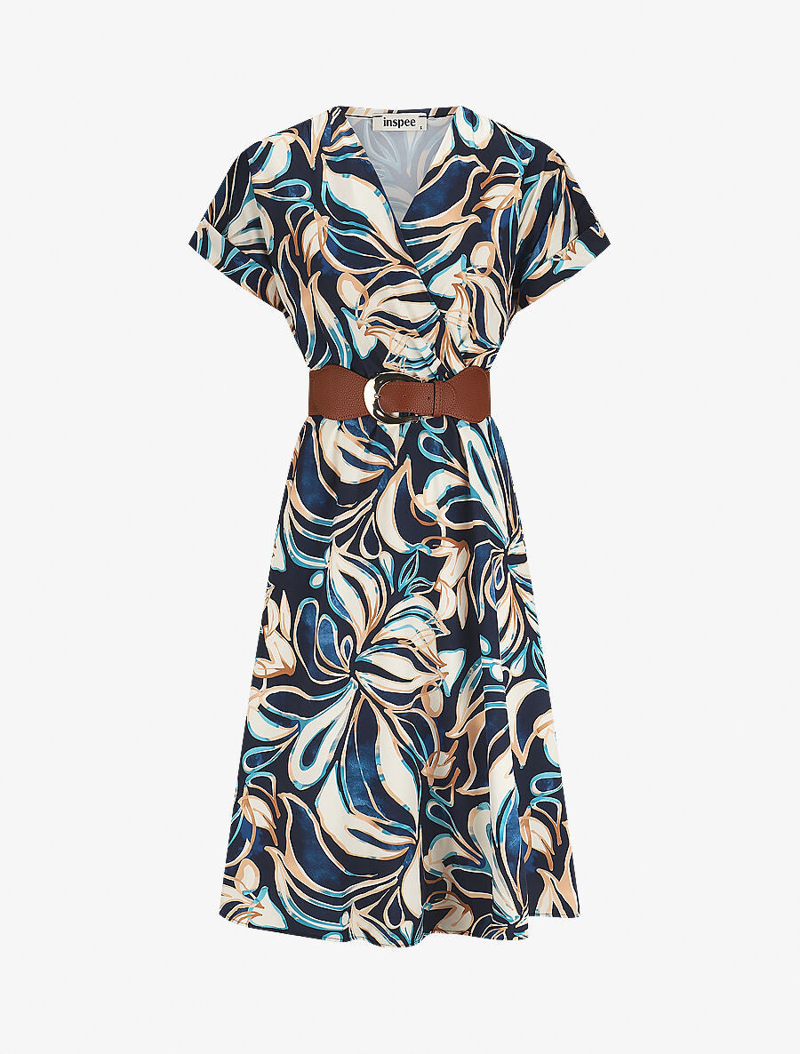 Robe longue évasée imprimé fleurs abstraites - Marine - 5