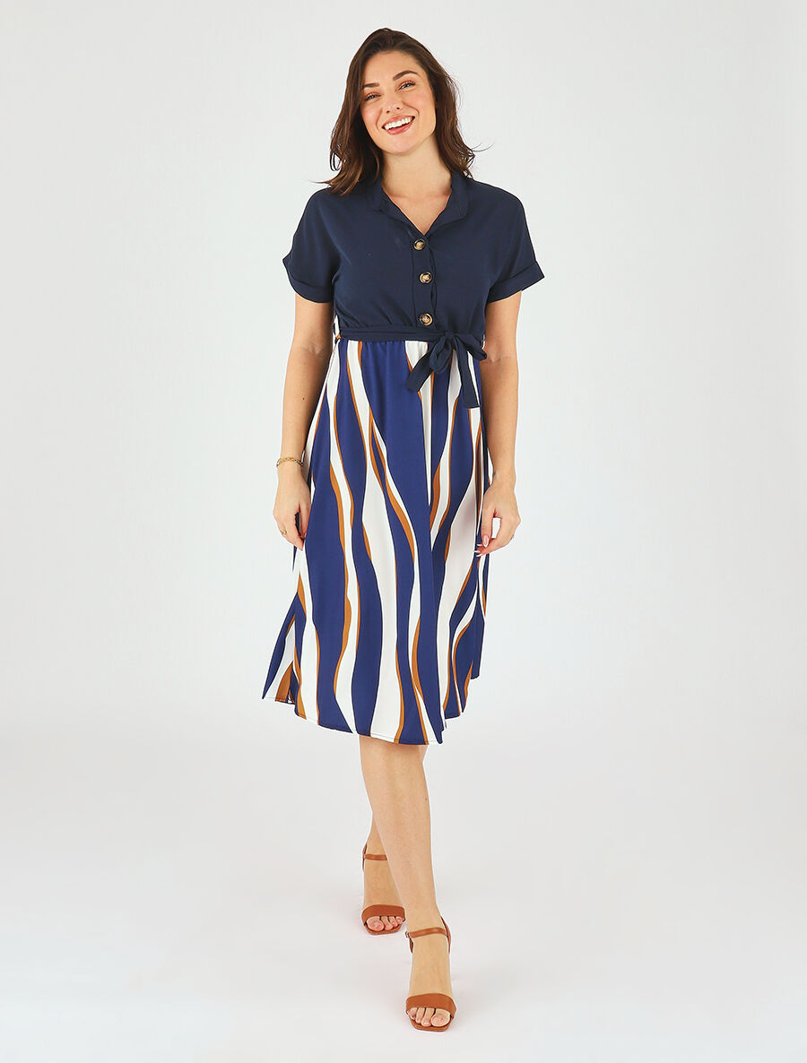Robe midi manches courtes motifs graphiques - Marine - 4