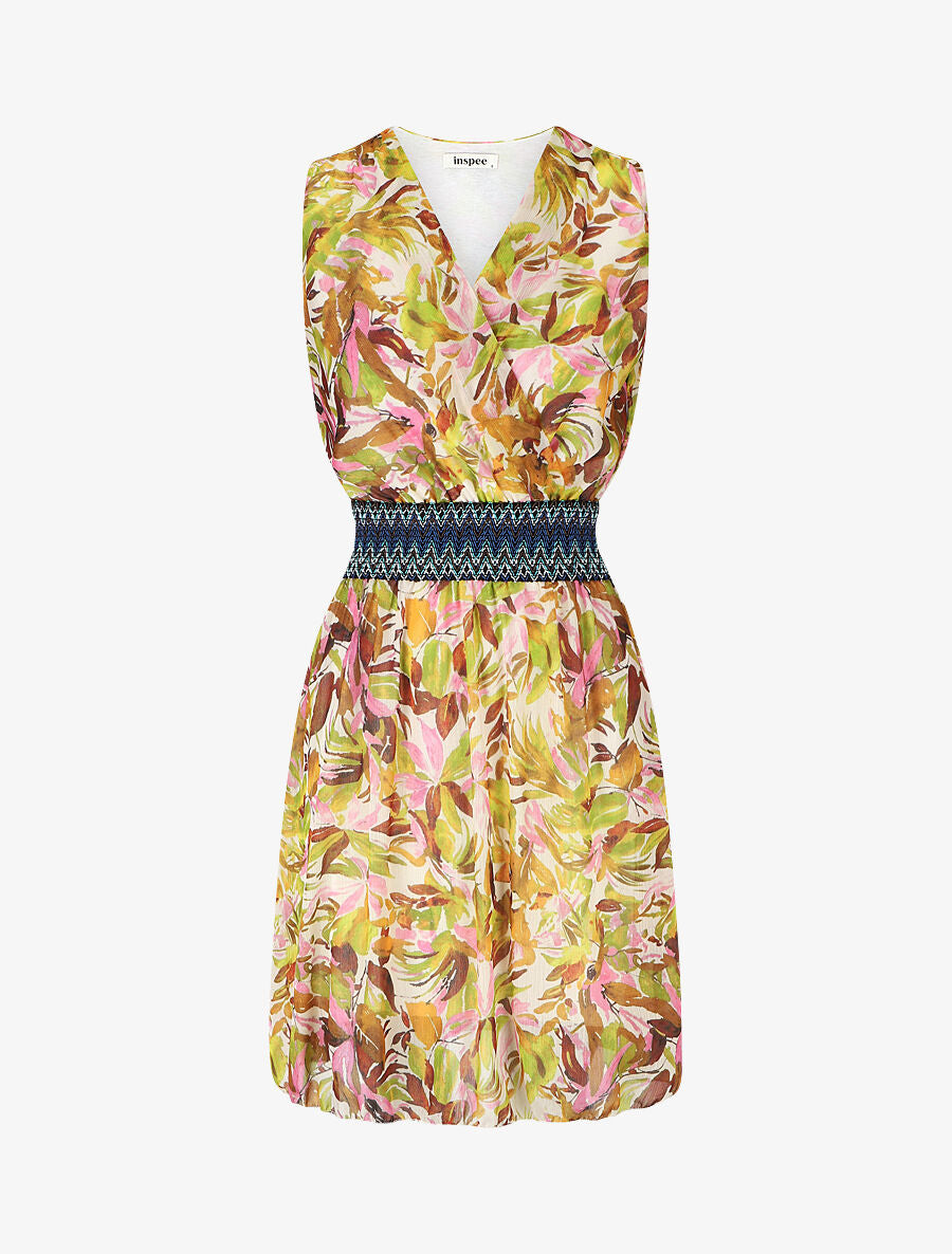 Robe mi-longue sans manches irisée motif végétal - Camel/rose - 1