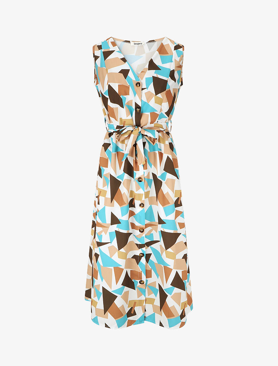 Robe midi droite sans manches imprimé triangles - Camel/bleu - 4