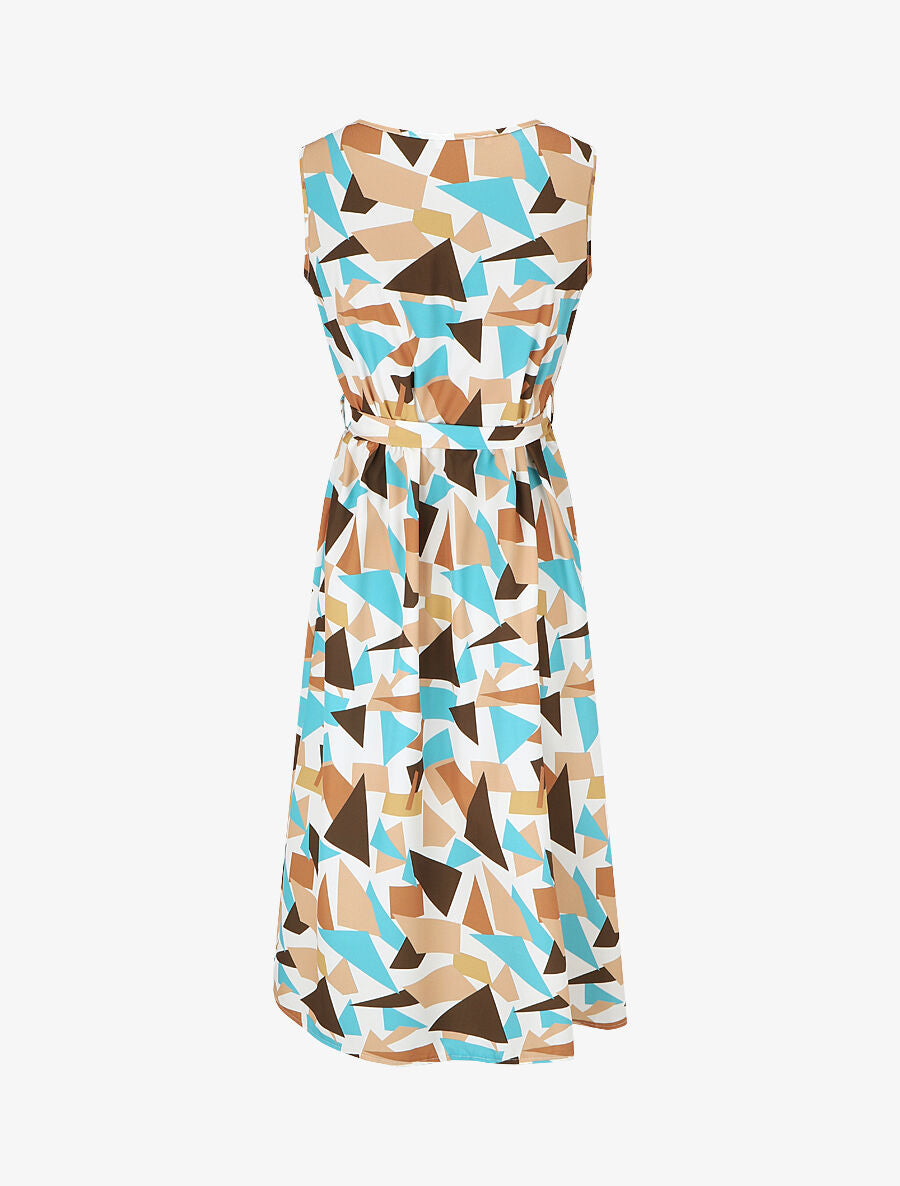 Robe midi droite sans manches imprimé triangles - Camel/bleu - 2