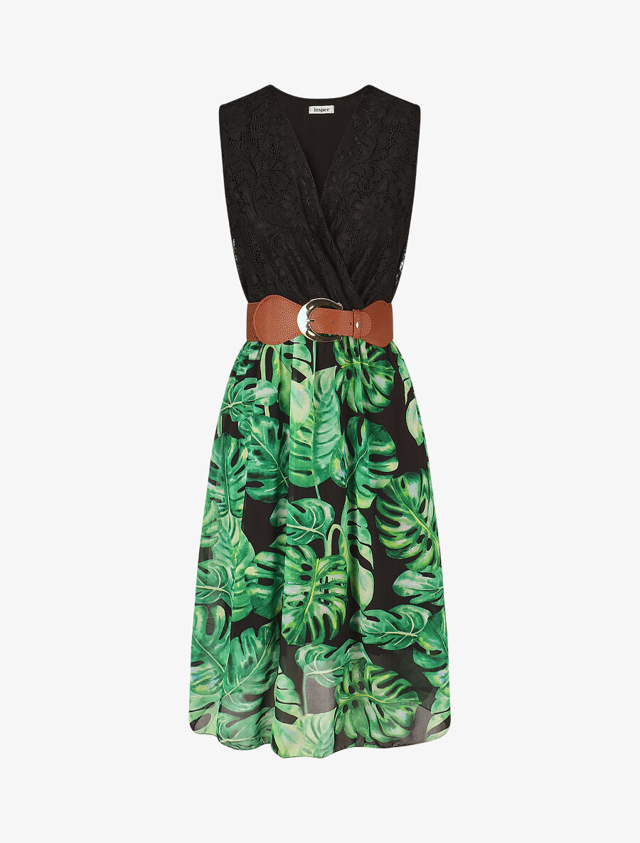 Robe élastiquée à jupe imprimé tropical - Noir - 5