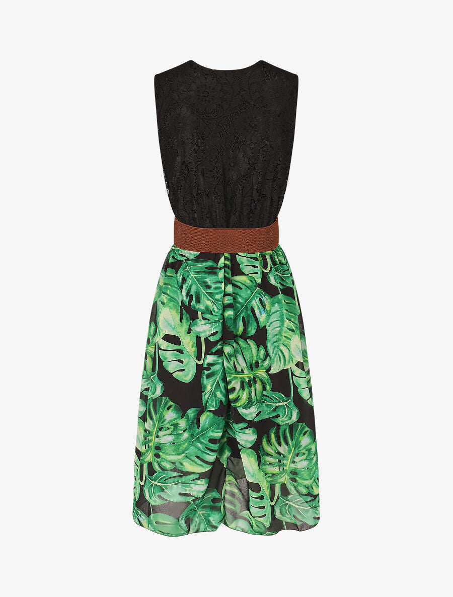 Robe élastiquée à jupe imprimé tropical - Noir - 2