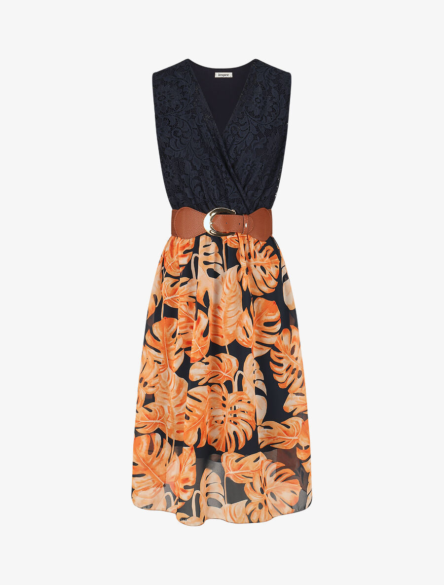 Robe élastiquée à jupe imprimé tropical - Marine - 5