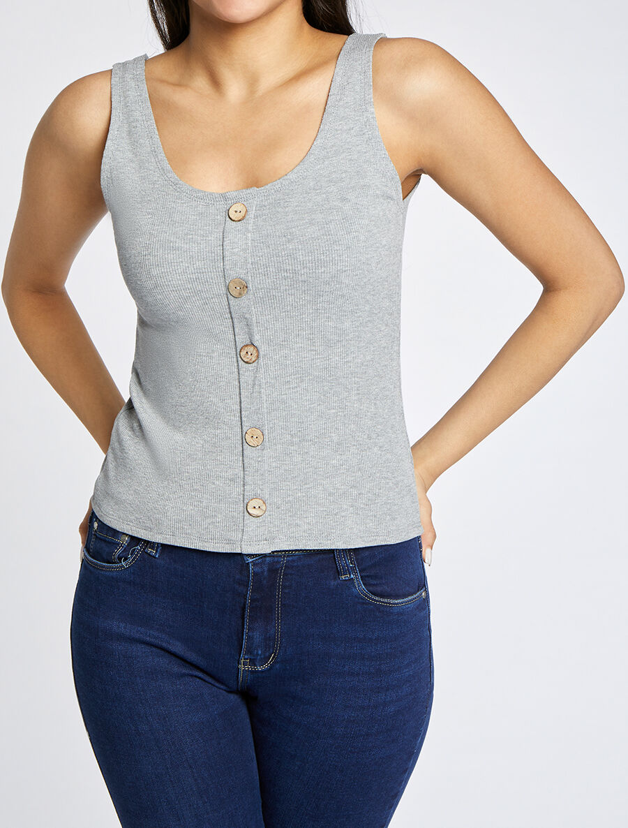 Top droit côtelé uni boutonné - Gris chiné - 4